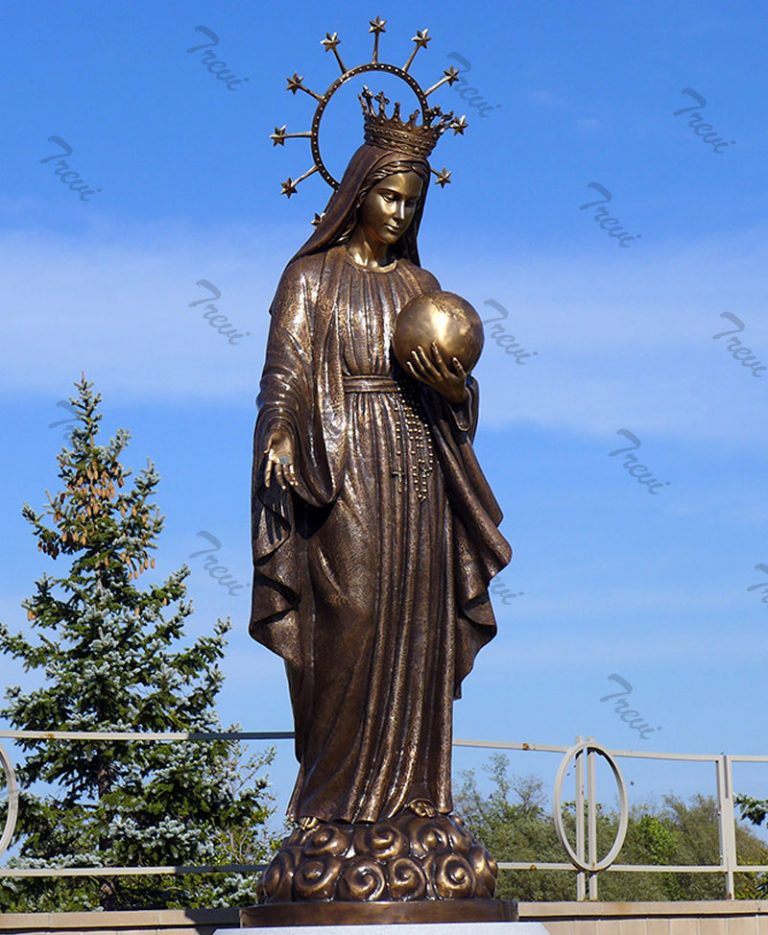 Bronze Religious Statues Our Lady Of Grace Crowned Mary Holding Globe